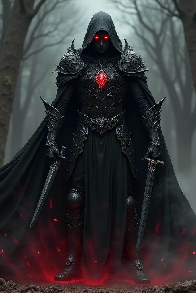 A man wearing black armor, giving off a demonic vibe, with two red eyes, a black cloak, and two black swords in his hands.