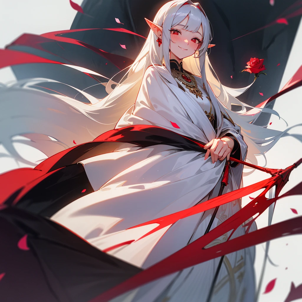 A potrait mature woman,long silver hair with straight bangs,red eye,elf ear,Wearing a long dress and holding a fancy holy stick,smiling and blushing to camera,roses petal around her, white background 