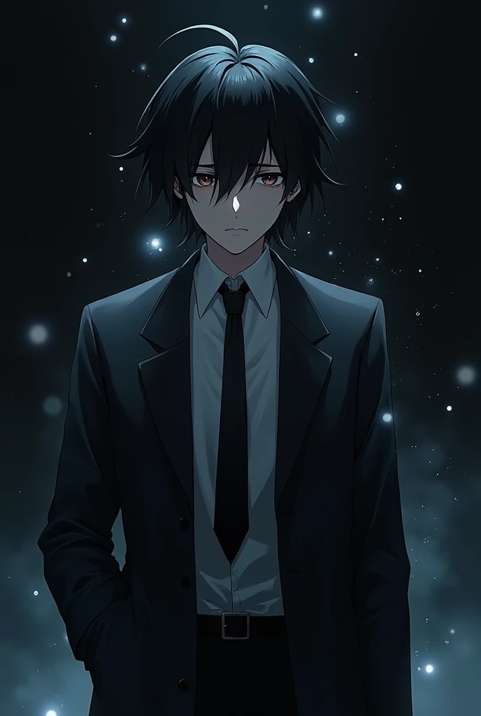 anime,black hair,male,Lab coat Black,tie(unbutton),eyes bags,black ground fantasy

