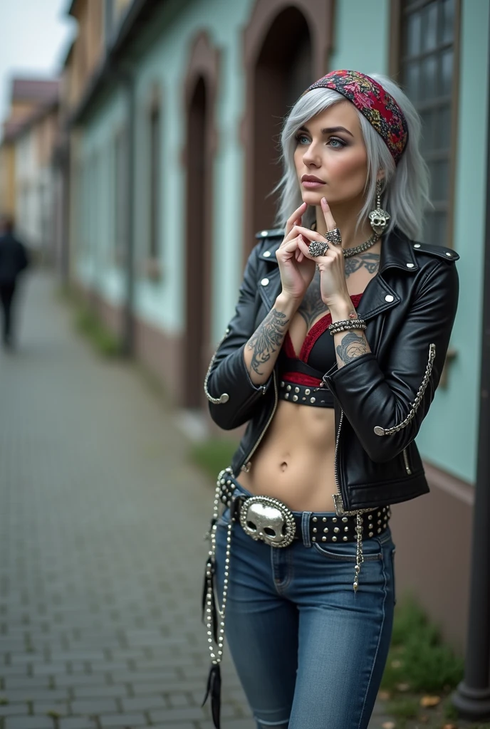 russian milf woman, grey hair (middle part) and wide colourful bandana as headband, with very light blue eyes, extremely pale. Wearing studded cropped black moto jacket with lots of zippers and pins, black and red lace push up bra , dark skinny blue jeans and pointy silver Chelsea boots with cuban heels . Lots of colourful thick bracelets, colourful collars and colourful rings. Tacky wide studded leather belt with oversized skull and bones buckle. Long bohemian earrings with feathers. Standing up, humble facial expression. Hands on her neck, showing off bracelets and rings. Chains around belt.. Listening in amazement to somebody speaking to her, toned six pack abdominals, thin neck, slim legs and thin arms. Tattoed heavily.