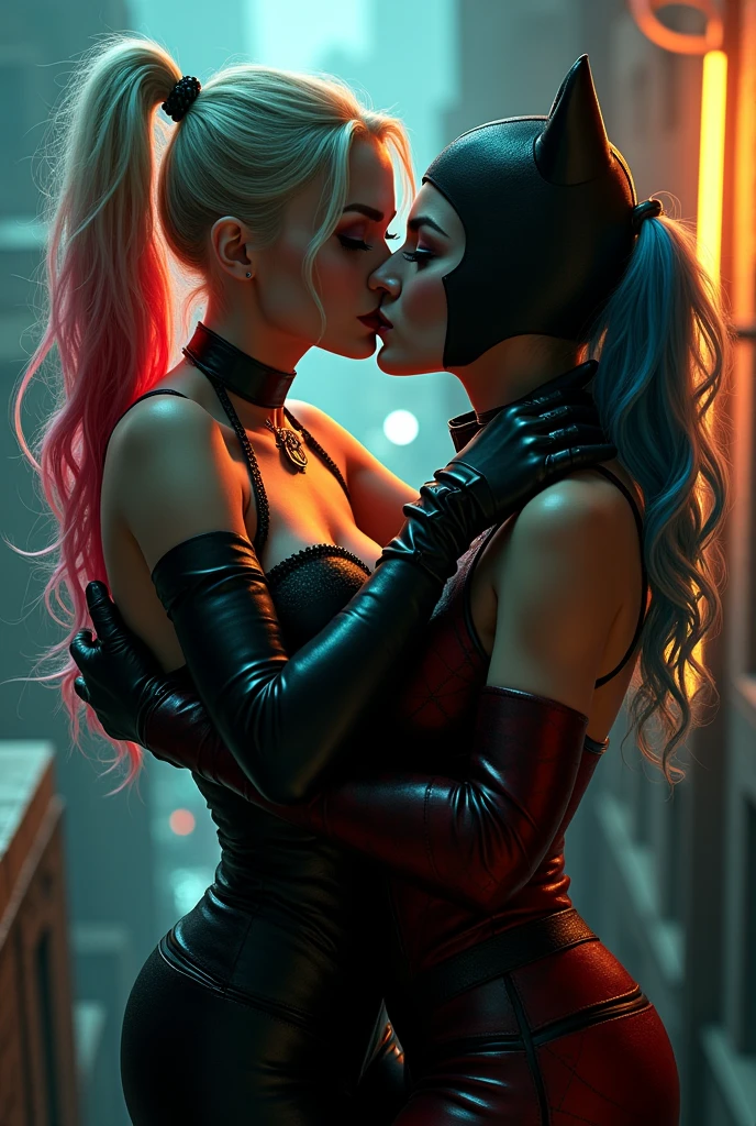 You can create an image of a loving kiss between sexy catwoman and sexy Harley Quinn
