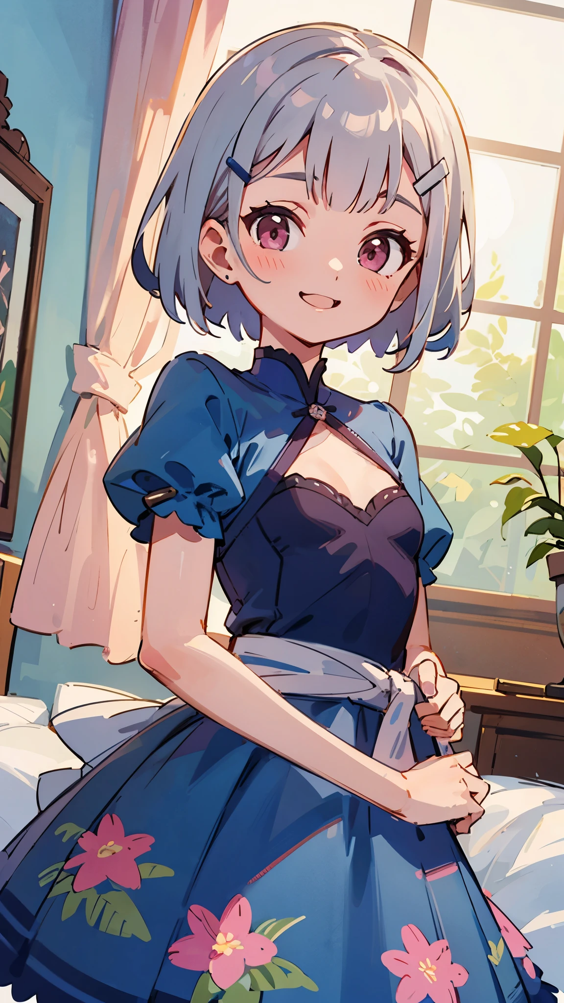 Highest quality、Teenage girl standing in a room、High resolution、Beautiful details、Quiet atmosphere、Small breasts、Short silver bob hair held together with a hair clip, Pink Eyes、Cute Smile、wearing a blue floral dress、Upper body close-up、