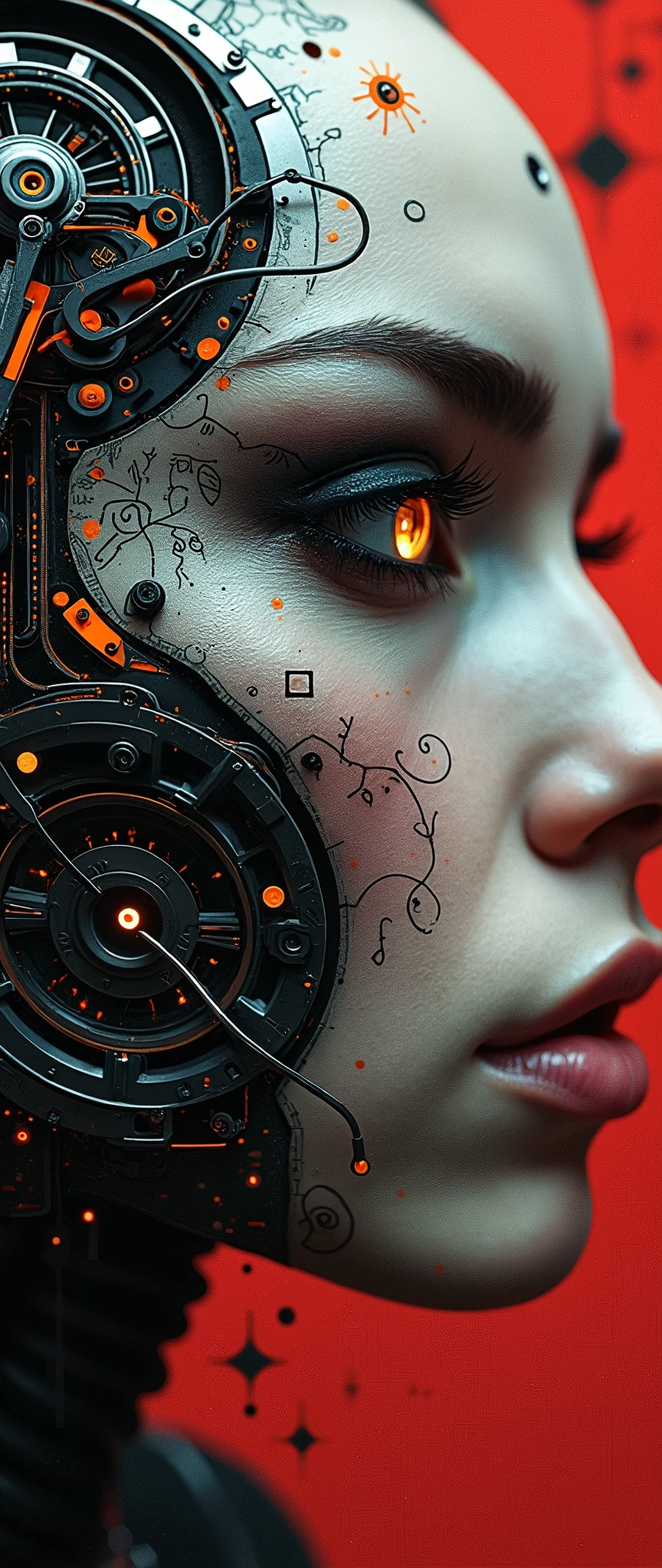 A futuristic cyborg's face fills the frame, split by a metallic-organic dichotomy. Metallic half: gears whirring, wires snaking, mechanical parts clicking. Organic half: black ink tattoos swirl, symbols blend seamlessly into metal. Eyes: cybernetic gold glow on one side, piercing natural intensity on the other. Red-black abstract background complements the face. High contrast emphasizes intricate details: circuitry patterns, shapes, and gears merge in a technological-human fusion.