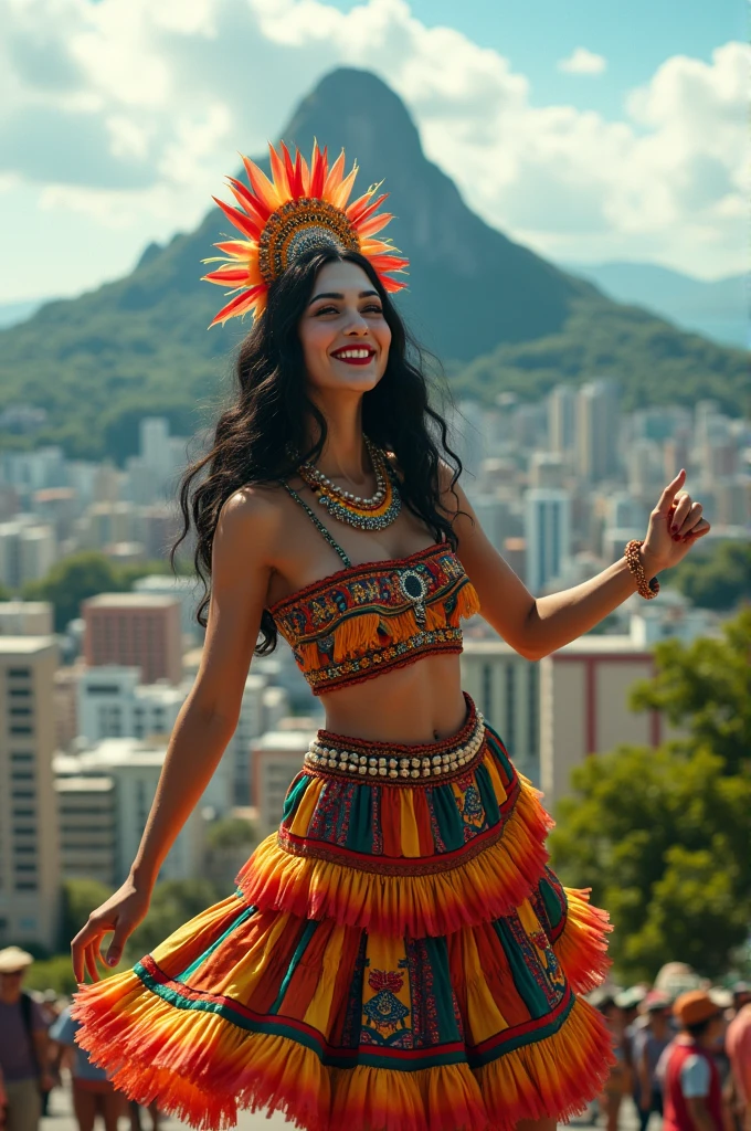 The character Wednesday dressed as a Brazilian woman doing dances from the TikTok app in a panorama of the city of Rio de Janeiro