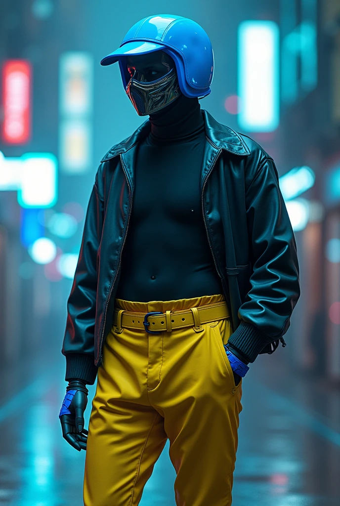 I want a male character with a blue cap, black mask, blue lights coming out of his eyes, black turtleneck shirt, yellow angelic pants, blue and black shoes.