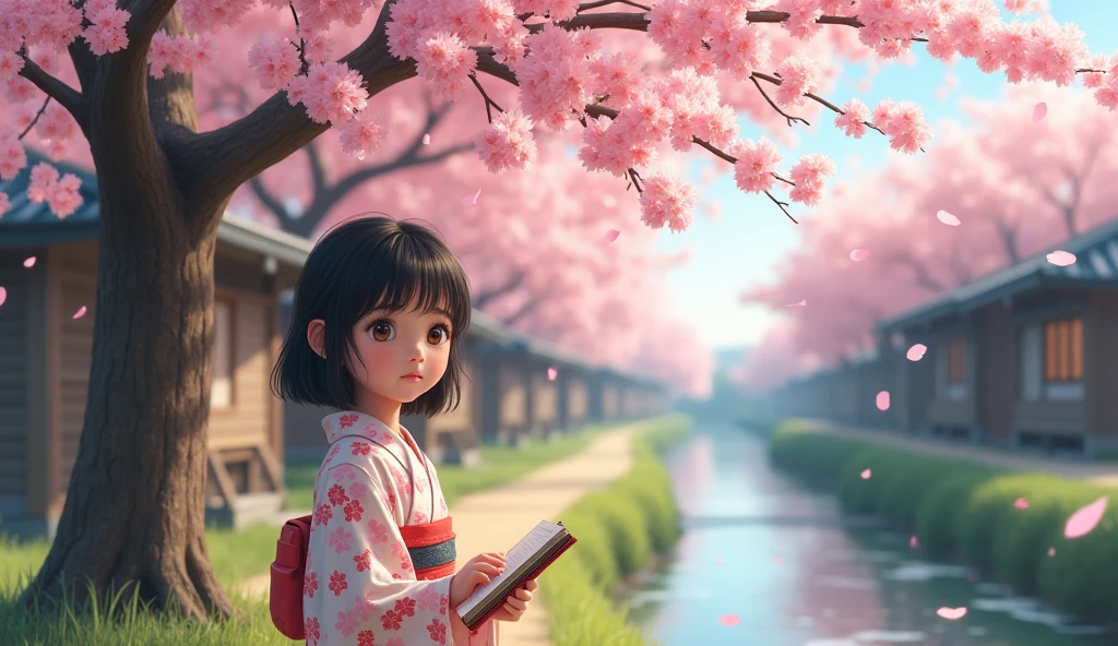 A realistic, cinematic image of a 10-year-old Japanese girl named Yumi. She has shoulder-length, straight black hair, and her innocent, bright brown eyes are full of curiosity. Yumi is wearing a traditional floral yukata in soft pastel colors, which contrasts with her youthful energy. She stands under a blooming cherry blossom (sakura) tree, with delicate pink petals falling around her. The background is a peaceful, rural Japanese village with wooden houses and a gentle stream flowing nearby. The scene captures a tranquil spring day, with Yumi holding a small sketchbook, her gaze focused on the beautiful landscape she is drawing. The lighting is natural and soft, with the pink hue of the sakura petals adding a dreamy quality to the image.