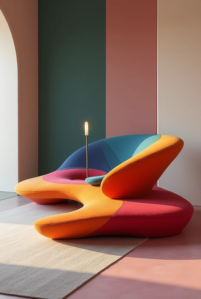 I need you to design a very modern seating furniture with vibrant colors., Abstract expressionism, motion lines, accurate, award winning