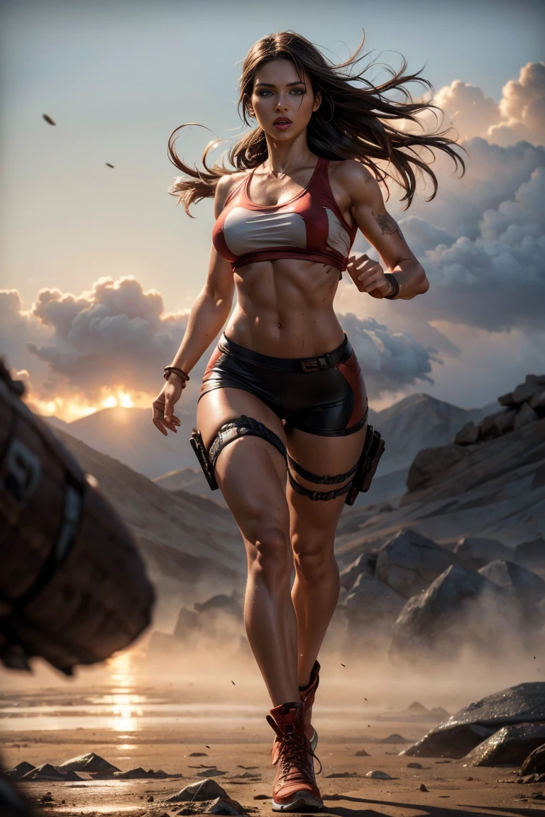 full body sexy beauty Lara Croft, thin, tall, brown long hair, brown eyes, red lips, athletic slim figure, big breast, muscle, naked, running, background, mist, fog, blurred shadows, photorealistic