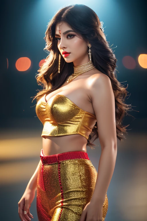 a teenager Indian girl, 1, golden princess gown, shoulderless, detailed face with heavy makeup, bright red lips, smokey eyeshadow, long eyelashes, long wavy hair with bangs, facing forward, full body shot, center of screen, highly detailed, photorealistic, vivid colors, cinematic lighting, wide hips, thick thighs, big breasts, (best quality,4k,8k,highres,masterpiece:1.2),ultra-detailed,(realistic,photorealistic,photo-realistic:1.37),HDR,UHD,studio lighting,sharp focus,physically-based rendering,extreme detail description,professional,vivid colors,bokeh,portraits