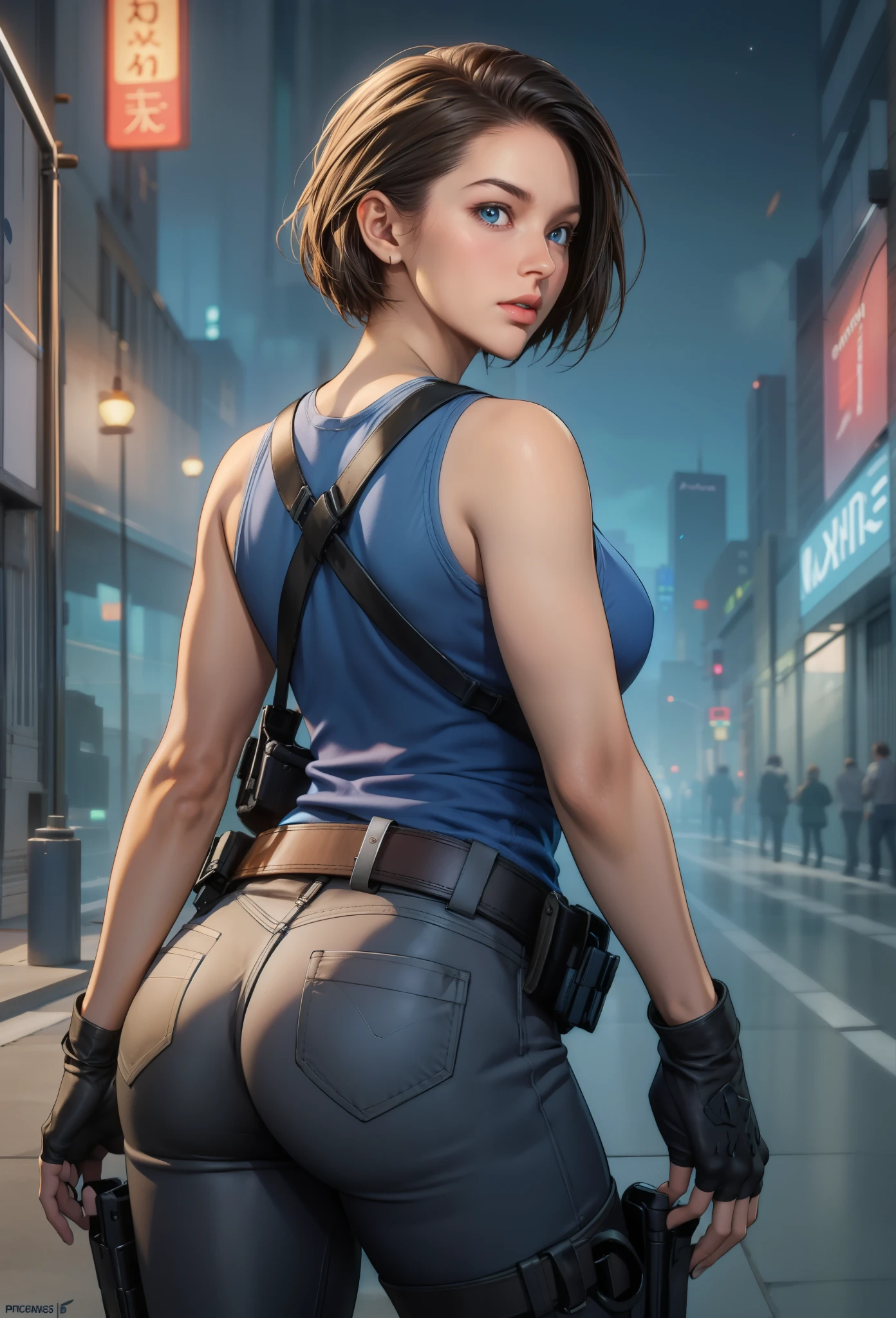 perfect eyes:1.2, detailed eyes:1.4, Jill Valentine, serious, blue shirt, short hair, chestnut hair, blue eyes, gloves, jewelry, black gloves, belt, pants, fingerless gloves, lips, gun, tank top, holster, thigh holster, cowboy shot, 1girl, solo, (masterpiece:1.6, best quality), 8k, insane details, intricate details, hyperdetailed, hyper quality, high detail, ultra detailed, professional, HDR, ray tracing reflection, cinematic lighting,