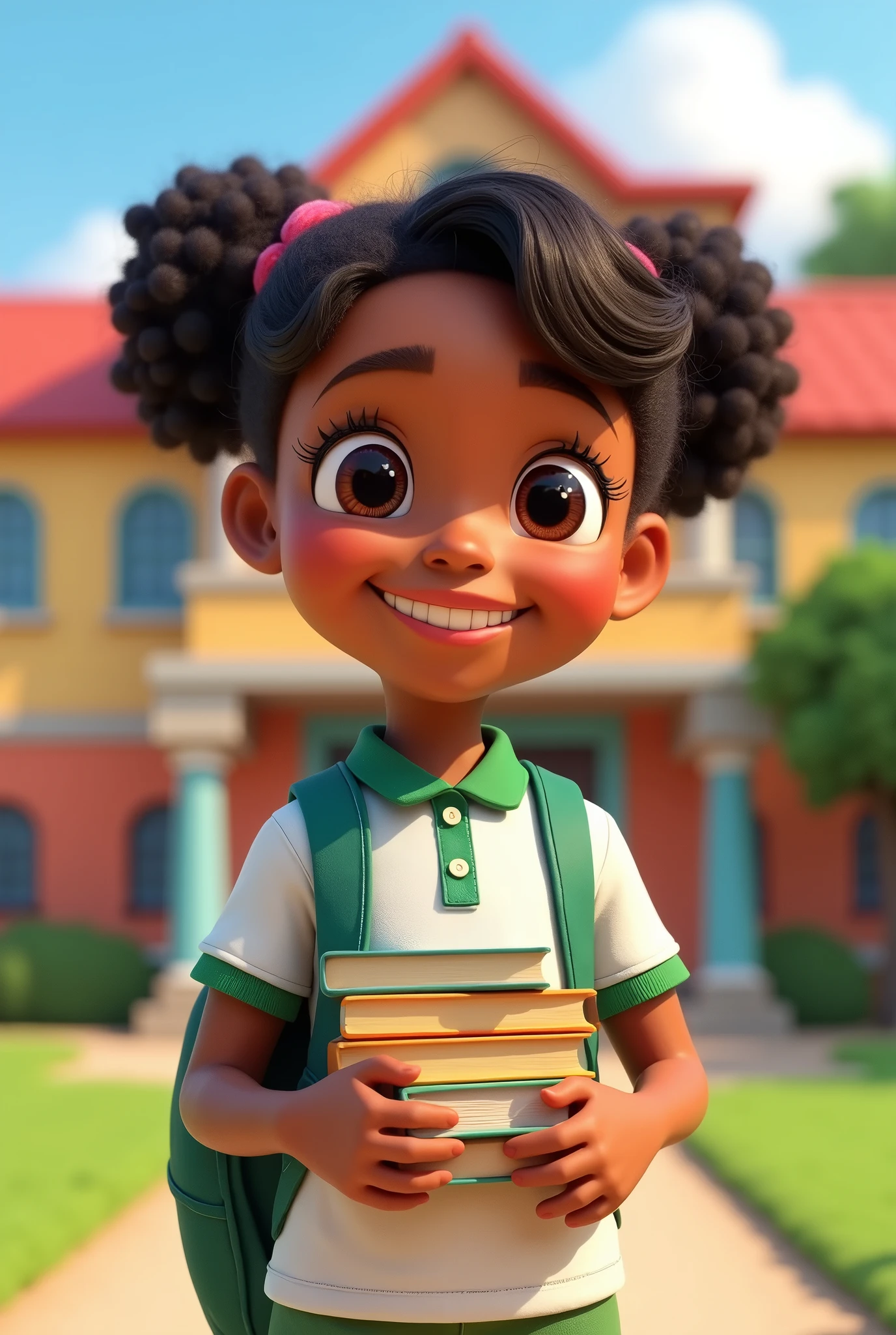create a pixar style 3D cartoon image of a mulatto girl , wearing a white polo shirt with green sleeve ends and collar and wearing a backpack holding some books in front of a school
