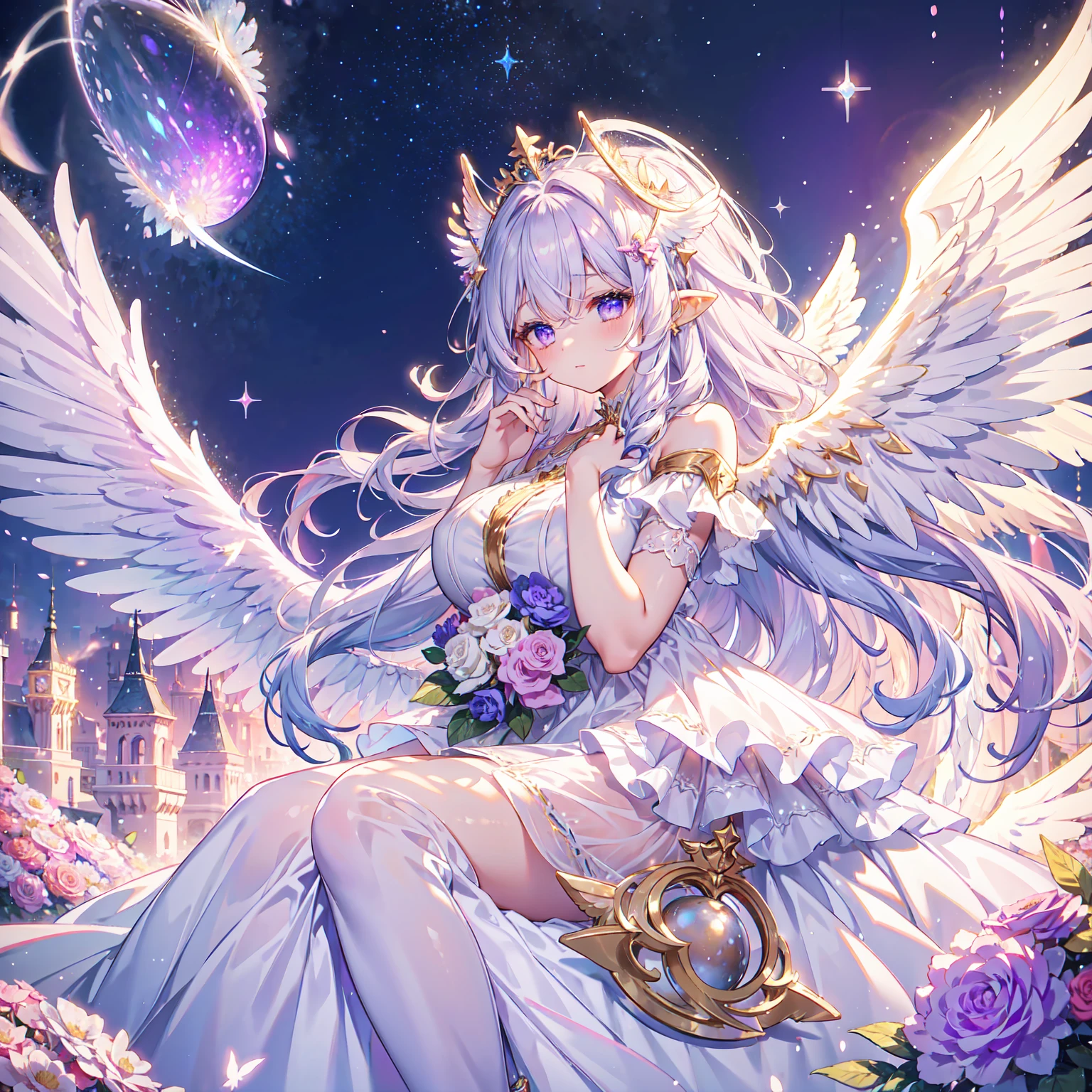 Highest quality, Very detailed, beautiful, Exquisite, 16K, Full HD, ((sleep)),(sleep in bed),Confused,(garden,Please sleep on your side),((Sparkly and soft layered dress)),A large and beautiful dress inspired by rose flowers, Hanabubuki,The screen is surrounded by flowers,Frills,Rhinestones are adorned、Intricately voluminous ball gown,(Art Station, Fantasy art:1.2), pastel colour,((Giant white angel wings:1.5))、Gradient Hair, Long white hair, Wavy Hair,Fluffy hair,tiara,anklet,Purple eyes, Long eyelashes, beautiful Purple eyes,Pale pink cheeks,Golden Hour, Dazzling Light, Warm lighting,Bright light,Romantic light,1 female