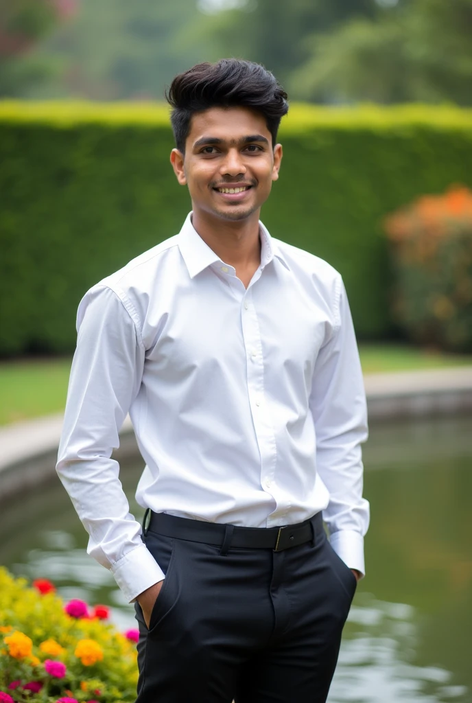 18 year old Indian boy handsome wearing formals posing for name Nadeem beautiful gardens in background