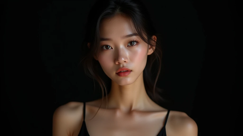 Best Quality, 8k, Masterpiece, (Portrait: 1.3), (photo realistic:1.4), (hyper realistic:1.4), Sharp Focus, looking at viewer, (smoother lighting:1.1), (increase cinematic lighting quality:0.9), realistic lighting, backlighting, light on face, ray trace, (brightening light:1.2), (Increase quality:1.4), sharp detail, (best quality real texture skin:1.4), finely detailed eyes, black_eyes, finely detailed face, 25 year old tanned Korean woman, camisole, void black back ground
