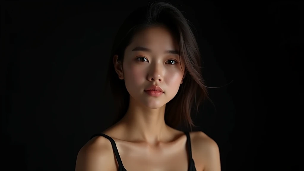 Best Quality, 8k, Masterpiece, (Portrait: 1.3), (photo realistic:1.4), (hyper realistic:1.4), Sharp Focus, looking at viewer, (smoother lighting:1.1), (increase cinematic lighting quality:0.9), realistic lighting, backlighting, light on face, ray trace, (brightening light:1.2), (Increase quality:1.4), sharp detail, (best quality real texture skin:1.4), finely detailed eyes, black_eyes, finely detailed face, 25 year old tanned Korean woman, camisole, void black back ground