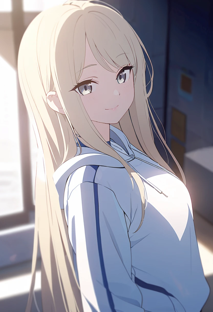 masterpiece,best quality,depth of field,8k,Looking at the viewer,female,light yellow hair,light gray eyes,(charismatic eyes 1:1),cute,Wearing a blue and white hooded tracksuit.,female,Overlooking,long hair,alone,standing,smiling,chic
