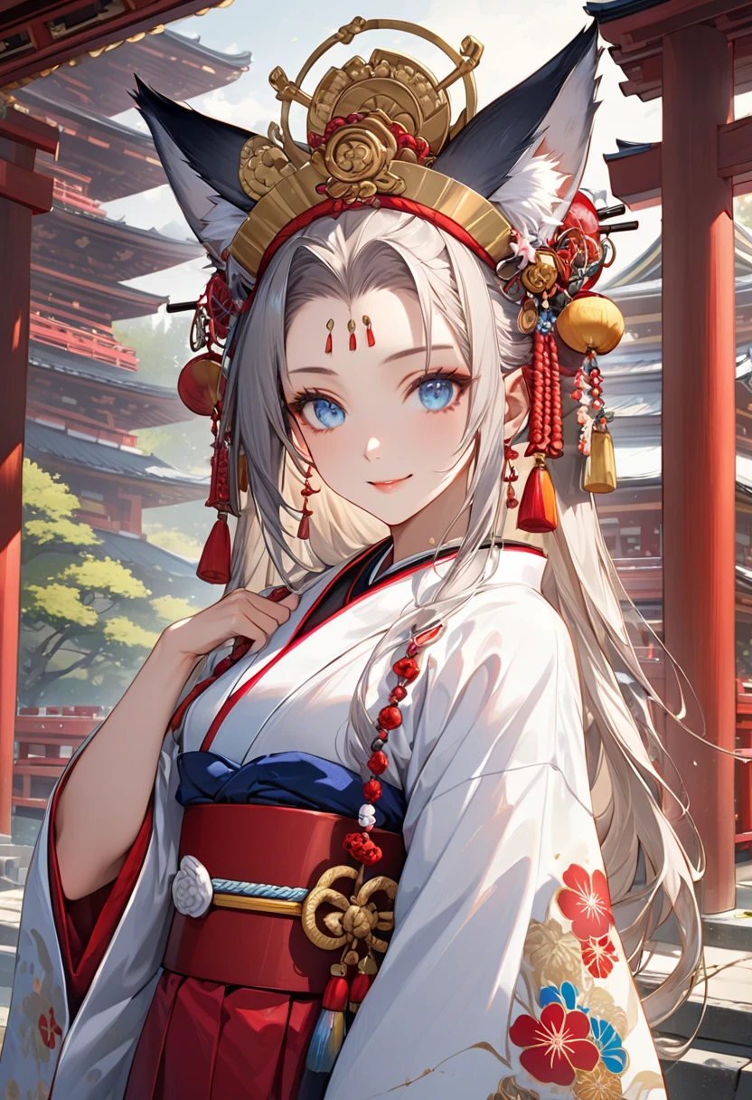 Ink painting, (((1 girl))), (((Tattoo in the middle of the forehead))),(((In the background is the Akatsuki moon))), (((Oiran))), (((Great hair accessories))), Demon possession, ((Masterpiece:1.2)), ((Highest quality)), Extremely detailed and delicate illustration style, Detailed leather texture, Detailed canvas texture, Very detailed description, (Masterpiece T), Extremely beautiful illustration, Highly detailed face, Raw image, professional, Ultra-high resolution panel, Complex details, Superior detail, Intricate decoration details, Perfect anatomy, real, (A very beautiful and kind silver fox woman or girl with blue eyes wearing a kimono), ((Beautiful silver fox ears)), (Beautiful silver fox tail), (Beautiful shiny golden hair), (Beautiful and clear blue eyes), (Beautiful detailed eyes:1.6), ((Japanese temple priestess style: 1.7)), (Traditional tailored outfit), Front view, White flower kimono, Long red hakama skirt, A maxi skirt, Modestly dressed, He smiles, ((Standing and looking at me)), ((The day)), (Extremely detailed and beautiful Japanese temple construction), (8K Highest quality wallpaper), (Extremely detailed and delicate background)