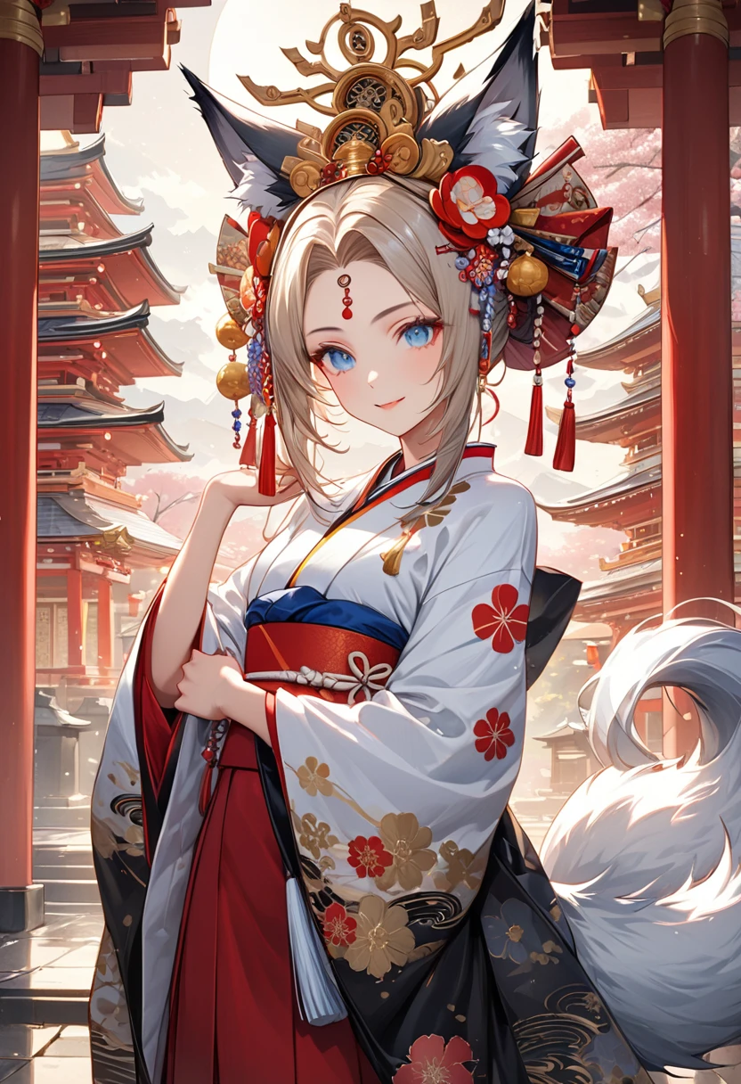 Ink painting, (((1 girl))), (((Tattoo in the middle of the forehead))),(((In the background is the Akatsuki moon))), (((Oiran))), (((Great hair accessories))), Demon possession, ((Masterpiece:1.2)), ((Highest quality)), Extremely detailed and delicate illustration style, Detailed leather texture, Detailed canvas texture, Very detailed description, (Masterpiece T), Extremely beautiful illustration, Highly detailed face, Raw image, professional, Ultra-high resolution panel, Complex details, Superior detail, Intricate decoration details, Perfect anatomy, real, (A very beautiful and kind silver fox woman or girl with blue eyes wearing a kimono), ((Beautiful silver fox ears)), (Beautiful silver fox tail), (Beautiful shiny golden hair), (Beautiful and clear blue eyes), (Beautiful detailed eyes:1.6), ((Japanese temple priestess style: 1.7)), (Traditional tailored outfit), Front view, White flower kimono, Long red hakama skirt, A maxi skirt, Modestly dressed, He smiles, ((Standing and looking at me)), ((The day)), (Extremely detailed and beautiful Japanese temple construction), (8K Highest quality wallpaper), (Extremely detailed and delicate background)