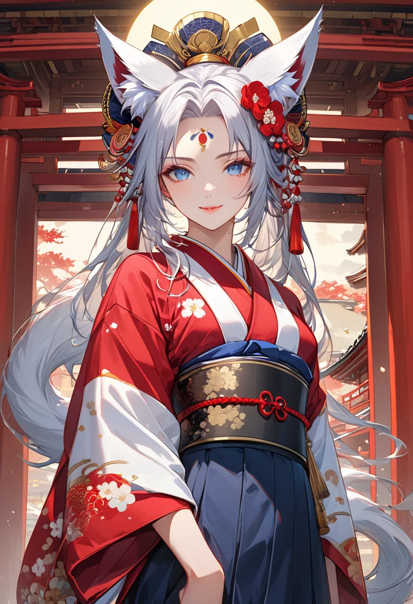 Ink painting, (((1 girl))), (((Tattoo in the middle of the forehead))),(((In the background is the Akatsuki moon))), (((Oiran))), (((Great hair accessories))), Demon possession, ((Masterpiece:1.2)), ((Highest quality)), Extremely detailed and delicate illustration style, Detailed leather texture, Detailed canvas texture, Very detailed description, (Masterpiece T), Extremely beautiful illustration, Highly detailed face, Raw image, professional, Ultra-high resolution panel, Complex details, Superior detail, Intricate decoration details, Perfect anatomy, real, (A very beautiful and kind silver fox woman or girl with blue eyes wearing a kimono), ((Beautiful silver fox ears)), (Beautiful silver fox tail), (Beautiful shiny golden hair), (Beautiful and clear blue eyes), (Beautiful detailed eyes:1.6), ((Japanese temple priestess style: 1.7)), (Traditional tailored outfit), Front view, White flower kimono, Long red hakama skirt, A maxi skirt, Modestly dressed, He smiles, ((Standing and looking at me)), ((The day)), (Extremely detailed and beautiful Japanese temple construction), (8K Highest quality wallpaper), (Extremely detailed and delicate background)