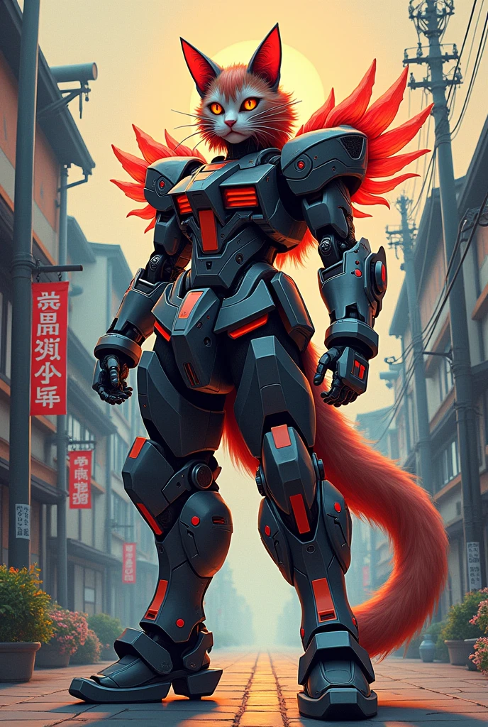 Gundam,cat,abstract。independent band。Reality。Art。狐cat。Japanese style。warrior。armor。Geisha style。Kyoto。