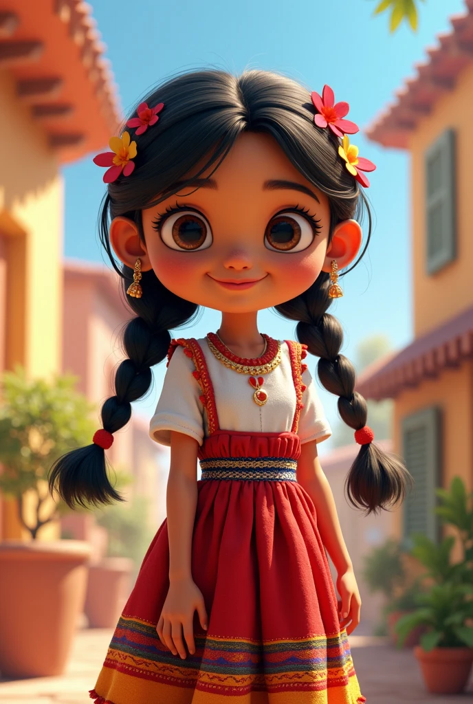 Pixar disney style girl, with braids and typical Paraguayan costume, tricolor skirt, red, White and blue, typoi