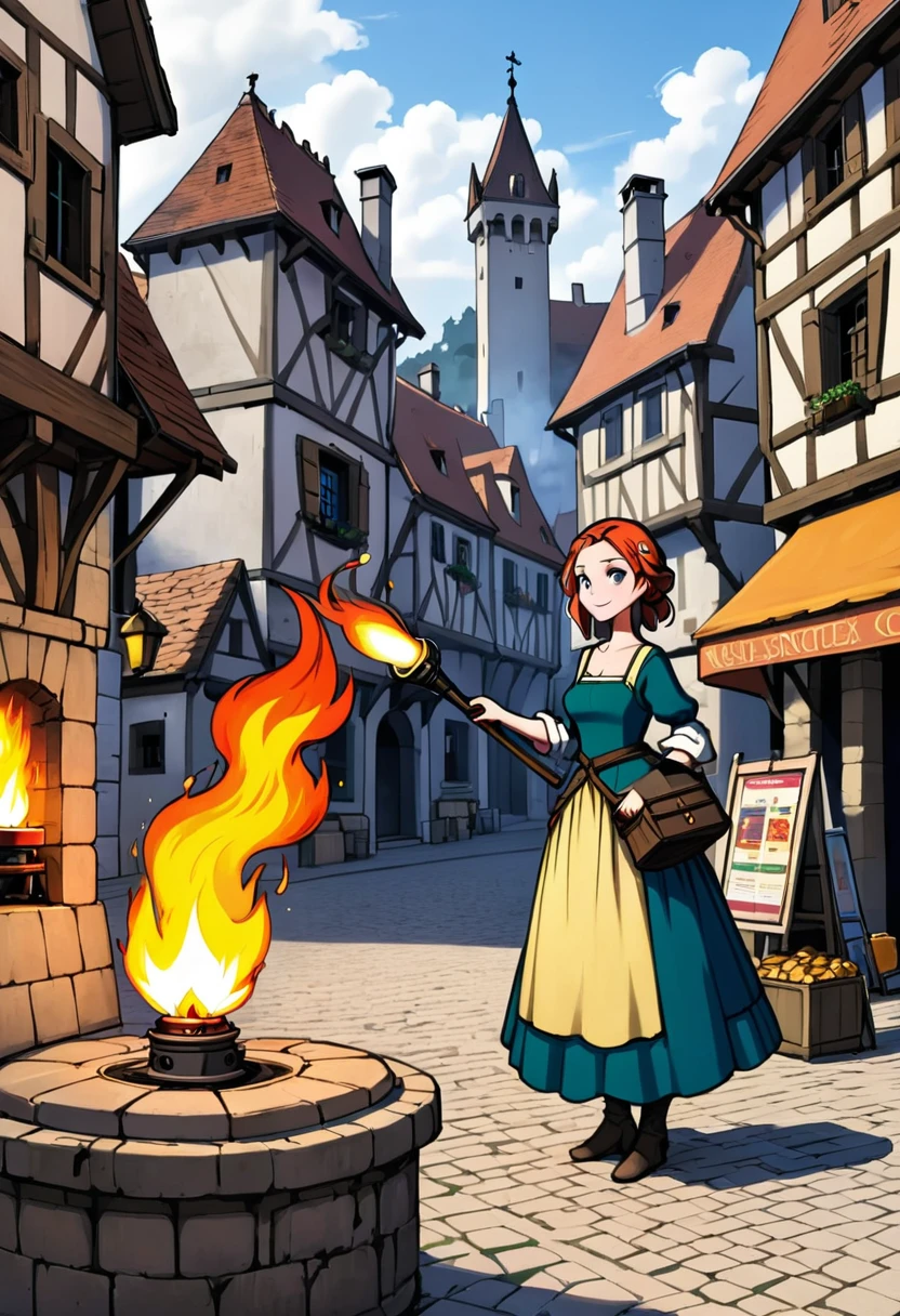 Girl selling gas torch, A complex fire structure in a medieval town