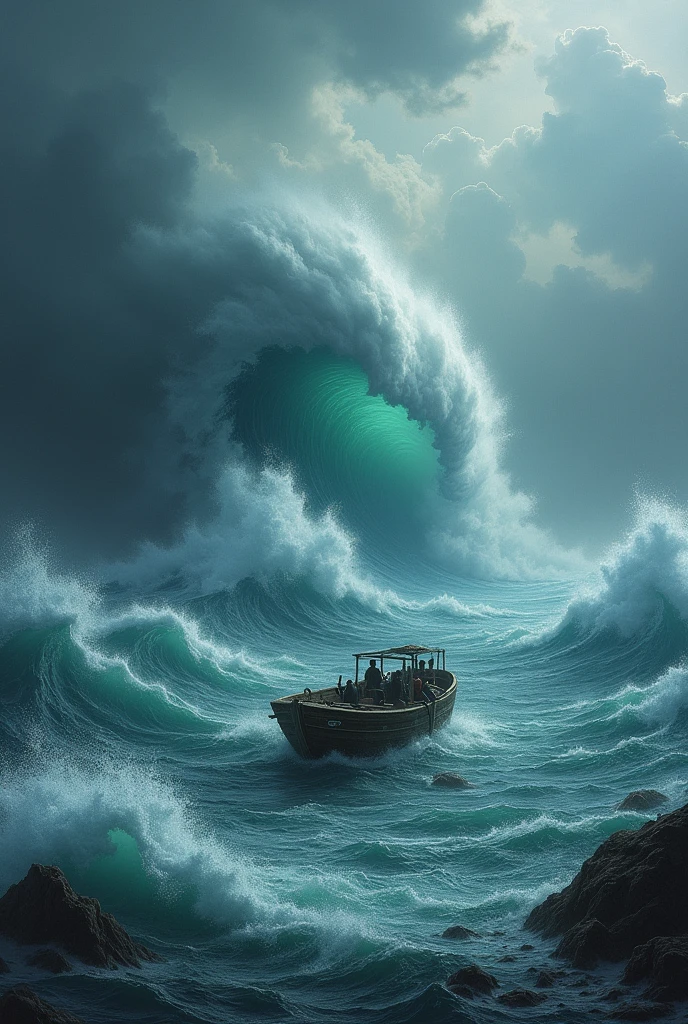 Sea with giant waves and a boat adrift