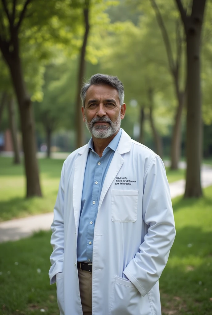 Make a Pakistan adult boy who standing in park and wearing Doctor Coat.