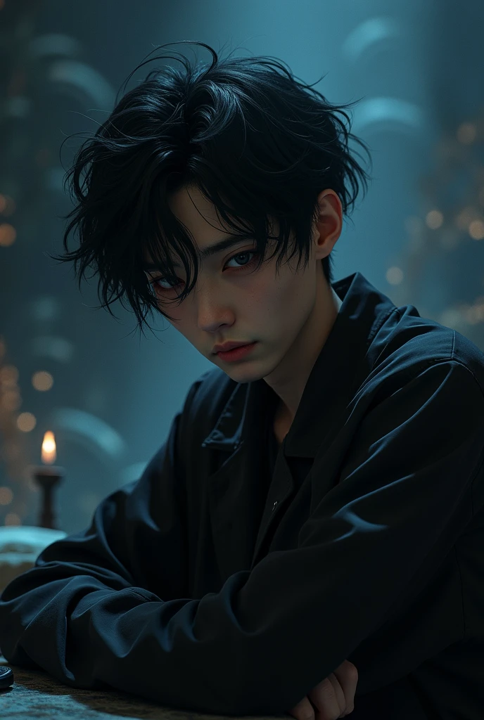 anime,black hair,male,Lab coat Black,tie(unbutton),eyes bags,black ground fantasy,sleeping

