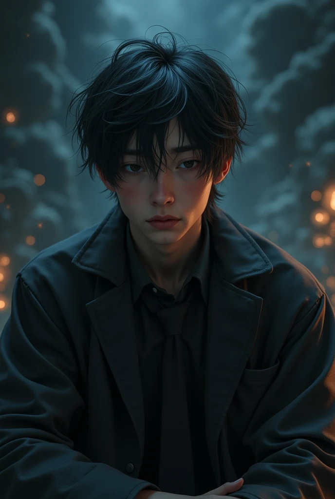 anime,black hair,male,Lab coat Black,tie(unbutton),eyes bags,black ground fantasy,sleeping