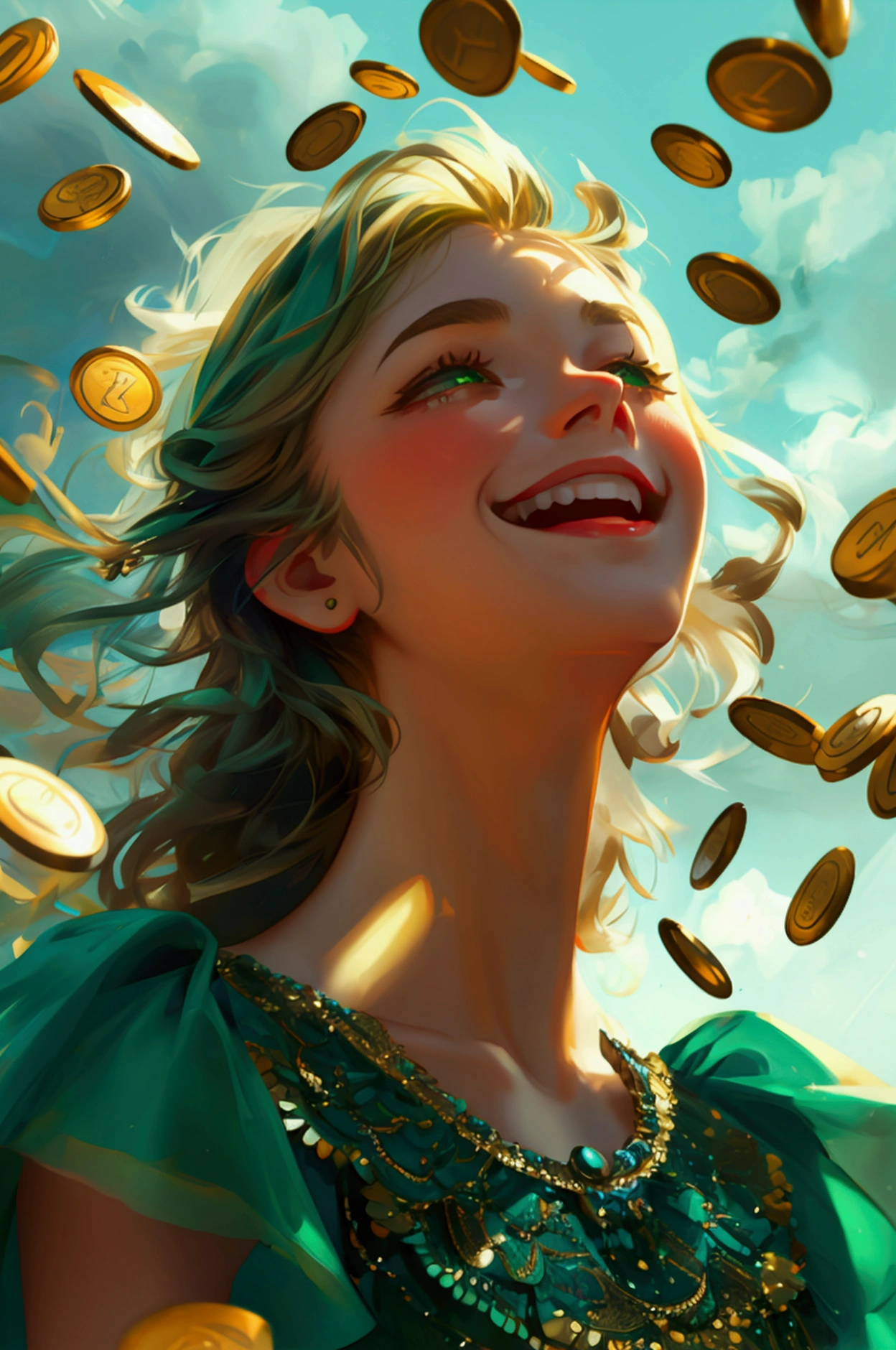 a super happy girl wearing a modern green dress , coins from the sky, super happy, full bpdy girl,