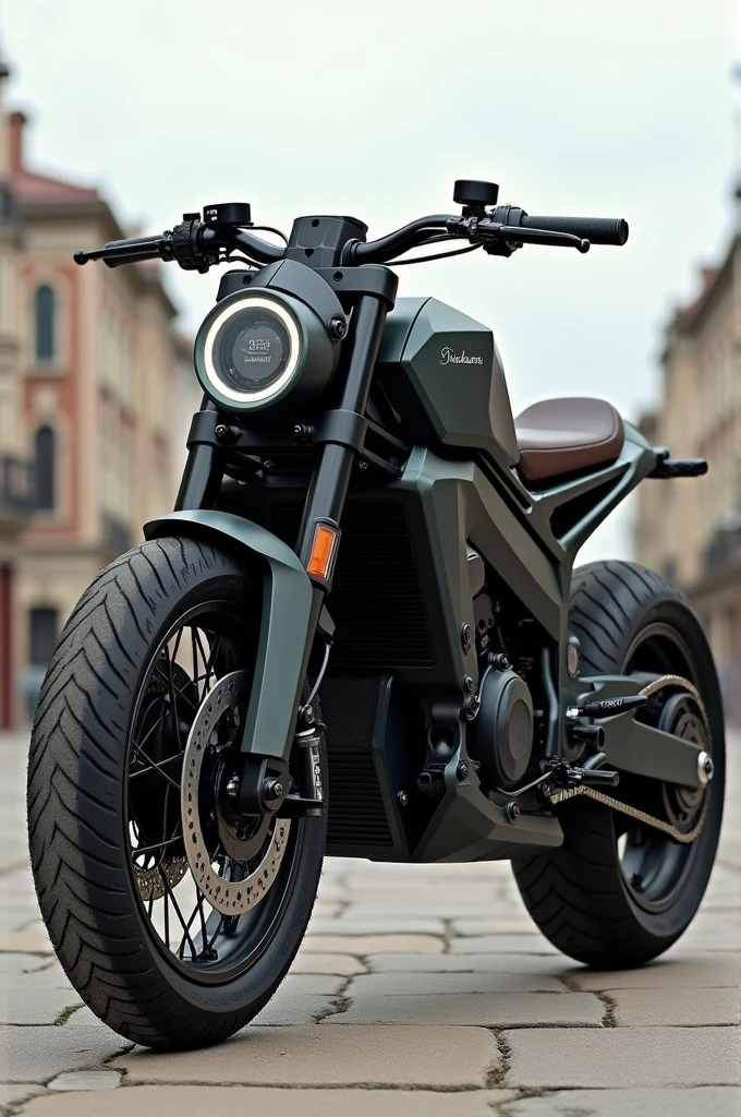 Design a heavyweight bike with a focus on sustainability, featuring an electric powertrain, regenerative braking, and eco-friendly materials."