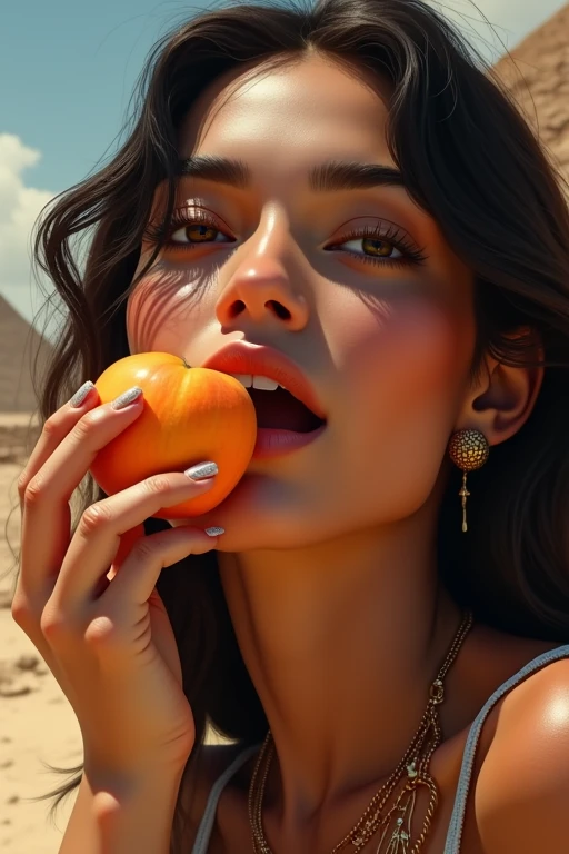 A very beautiful Egyptian woman in her 30s、Looking straight ahead、With an erotic and ecstatic look、Looks delicious、is eating a peeled peach with his mouth wide open。Background、Please recommend some famous Egyptian tourist spots.。There are five fingers on one hand。9:In 16 sizes、Highest quality、A masterpiece please。