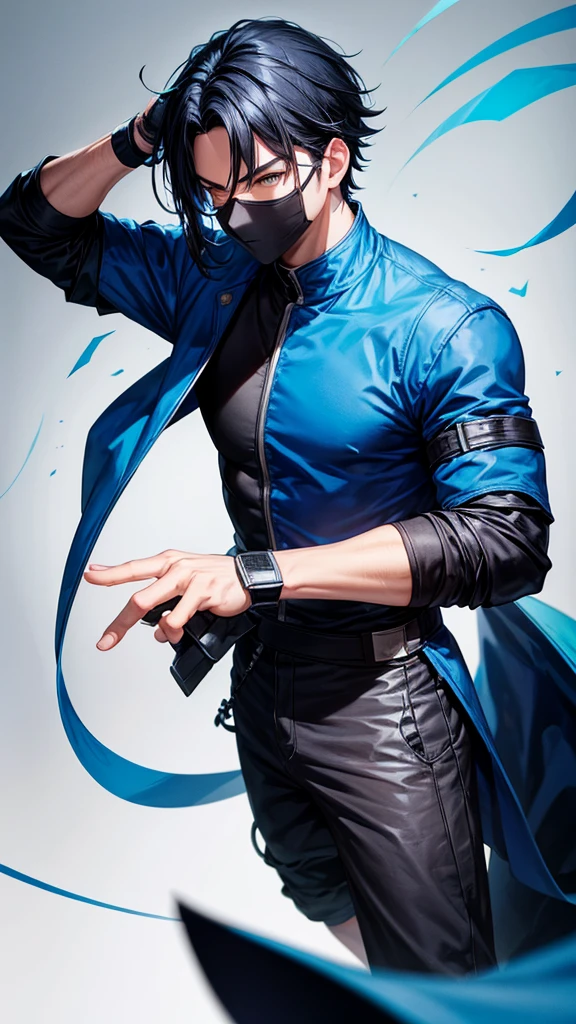 1boy, black hair, medium hair, blue yes, ninja, wallpaper