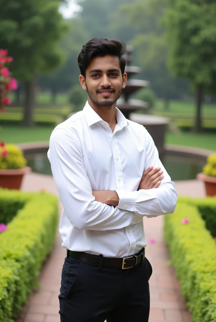 18 year old Indian boy handsome wearing formals posing for name Nadeem beautiful gardens in background