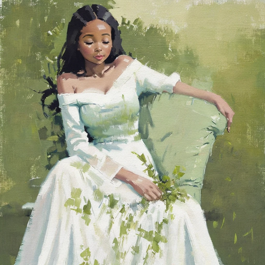 A painting of a Black woman reclining in a chair against a green wall, wearing a white outfit. The woman appears relaxed, with her eyes closed and one arm resting on her chest. The style is abstract with soft, painterly brushstrokes, and a calm, muted color palette,Use a dark tone overall and a color that stands out as an accent,((Primitive Art))