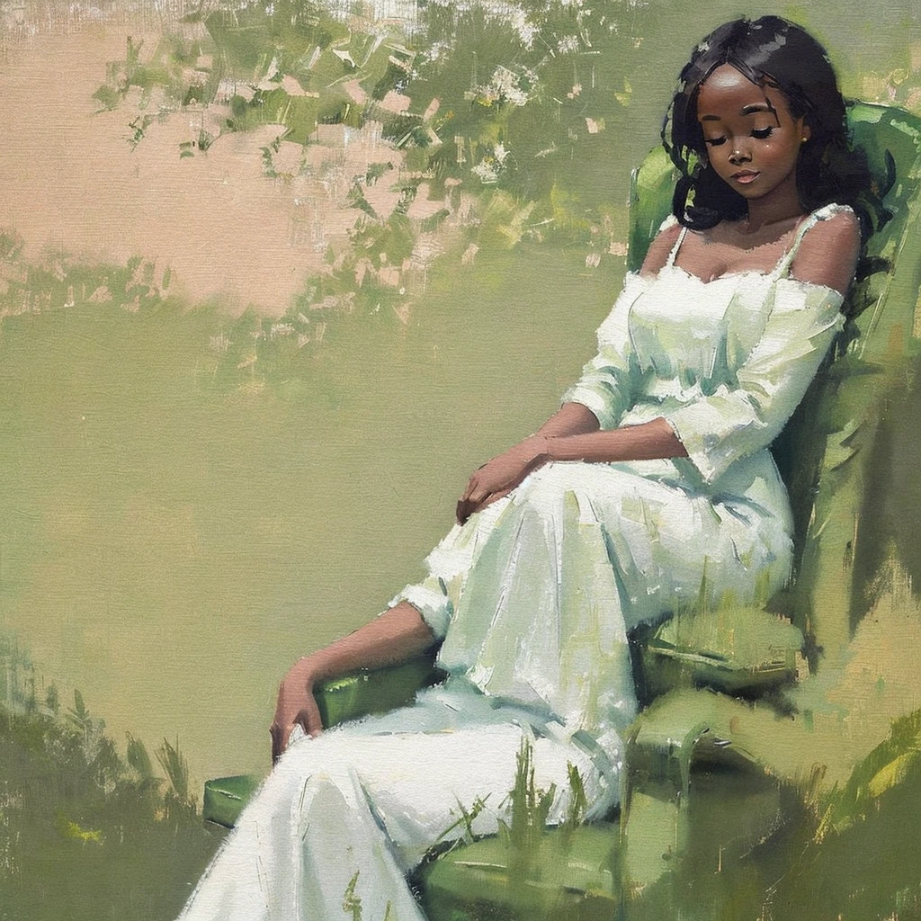 A painting of a Black woman reclining in a chair against a green wall, wearing a white outfit. The woman appears relaxed, with her eyes closed and one arm resting on her chest. The style is abstract with soft, painterly brushstrokes, and a calm, muted color palette,Use a dark tone overall and a color that stands out as an accent,((Primitive Art))