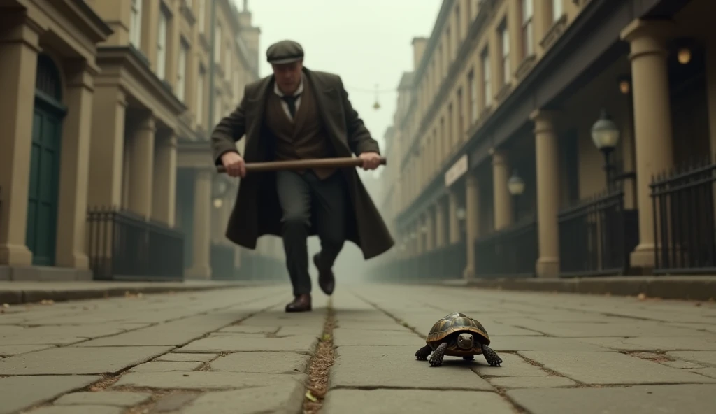 a baby tortoise hardly bigger than human palm is running away from a brithish man who is drunk and holding a hammer in his hand. period drama. 1919 look. 

