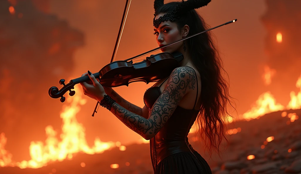 A mesmerizing demoness with fiery eyes and dark, swirling tattoos stands amidst a landscape of flames and molten lava. She plays an infernal violin, her music sending waves of dark energy through the air, as her captivating gaze invites you into the depths of her eternal symphony. Aim for realistic depiction, make sure photos are at highest resolution (8K)