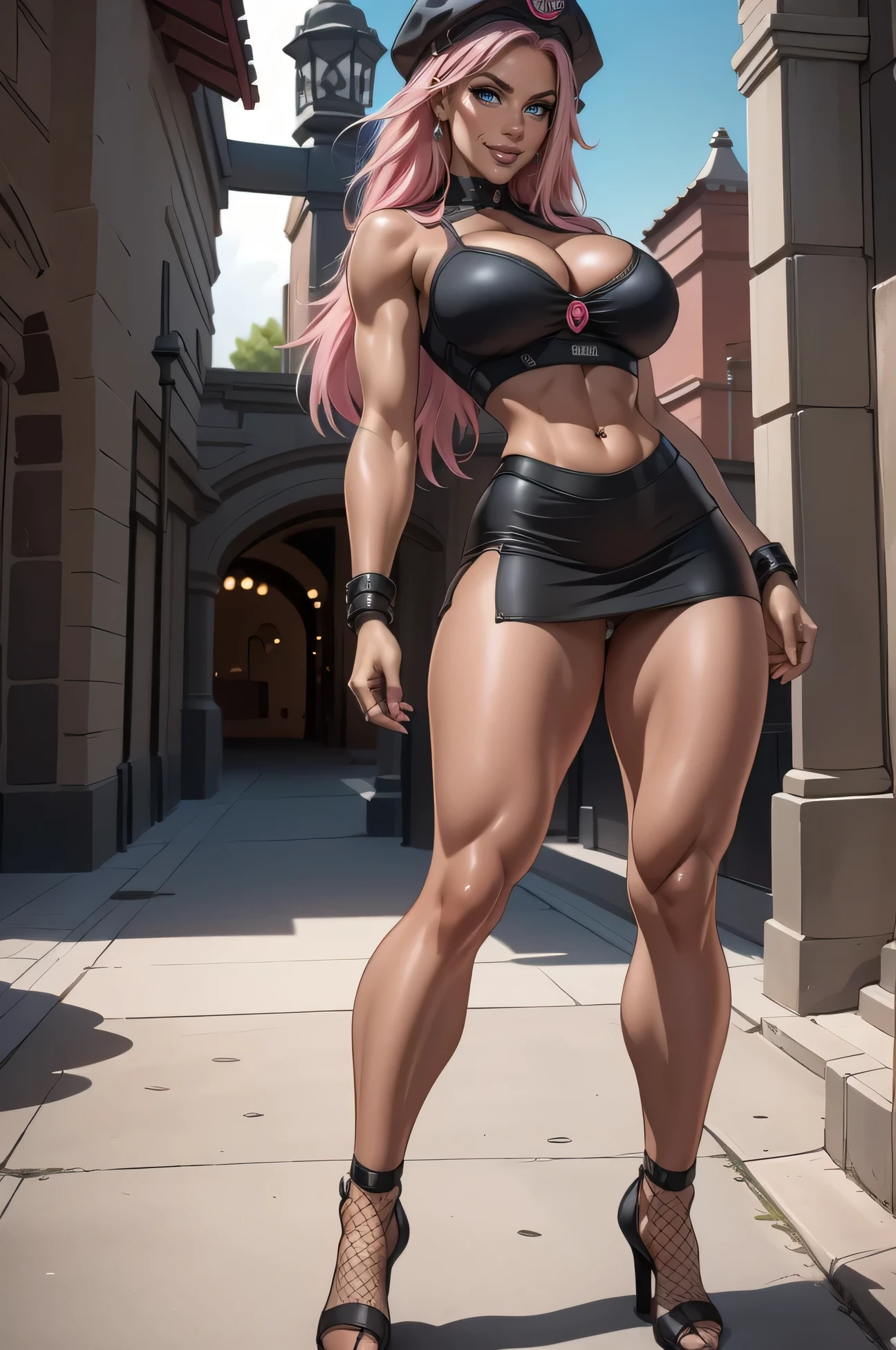 Nicole Style, 8k, HdR, Unreal Engine, ultra quality, Session, long breasts,realistic detailed, pink hair, black cap, Beautiful, Whole body, piel perfecta, black top , skirt , tiene puestos acecosrios sado ,cintas cinturon arnes, etc. Fishnets mayas, victoria secret