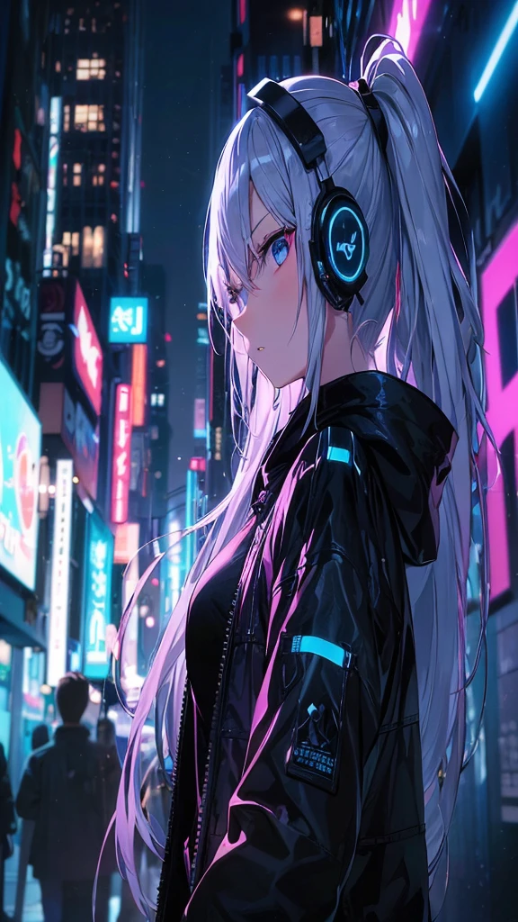 A cute girl with silver hair and blue streaks, in Japanese anime style, full-body close-up, blue eyes,long silver hair has striking sky blue and cobalt blue streaks,cyberpunk, cyber goth, large eyes, wearing a mini skirt, cyber-gothic outfit, combining sleek black leather with futuristic metallic accents, glossy and shiny, vibrant expression, honeycore, delicate markings, simple white background