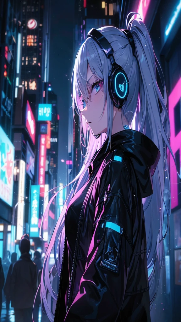 A cute girl with silver hair and blue streaks, in Japanese anime style, full-body close-up, blue eyes,long silver hair has striking sky blue and cobalt blue streaks,cyberpunk, cyber goth, large eyes, wearing a mini skirt, cyber-gothic outfit, combining sleek black leather with futuristic metallic accents, glossy and shiny, vibrant expression, honeycore, delicate markings, simple white background
