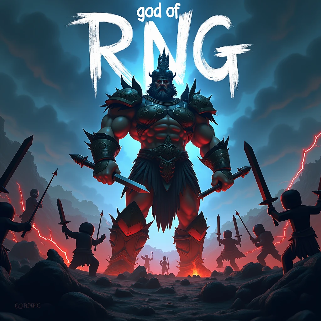 Ares god of war fighting people on the battlefield at night as a roblox character  (add text saying “God of RNG” in the background)