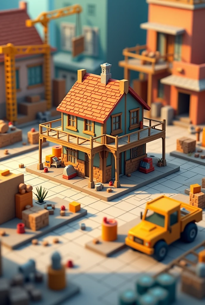 plansza gry z rusztowaniami i elementami budowlanymi z domem na środku w stylu 3D, the game board contains action and game fields. And there is a neighbor around 