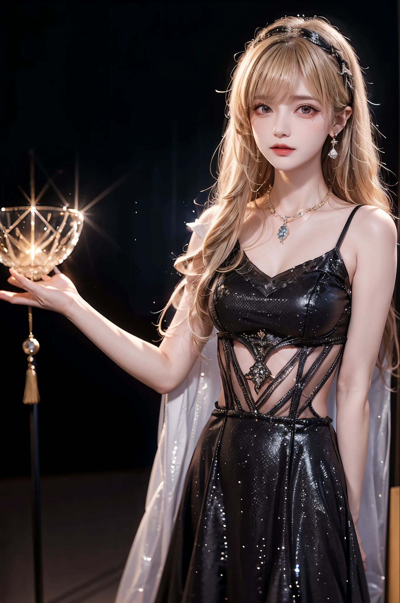 
Highest quality,,woman,1 person,cute,beautiful,
Blonde Hair,Long Hair,Brown eyes,BREAK,blunt bangs,wavy hair,BREAK,
Black cabaret dress,a black sequined dress,BREAK,
Diamond Necklace,
Background Chandelier,Background light bokeh,