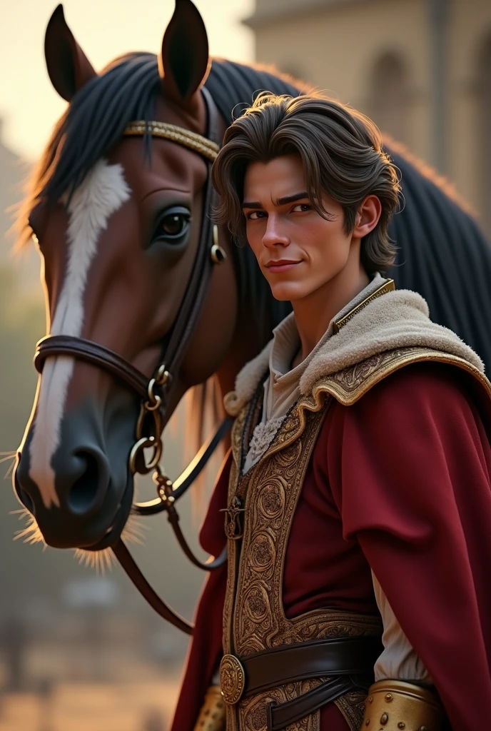 (photorealism:1.2), a teenage boy,18 yo, He's 6'2 , He have brown, messy hair that slightly cover his eyes, he doesn't have many muscle but have a lean body type, His skin is tanned and he looks quite mischievous,a smirk,he is a royal prince standing beside a horse,