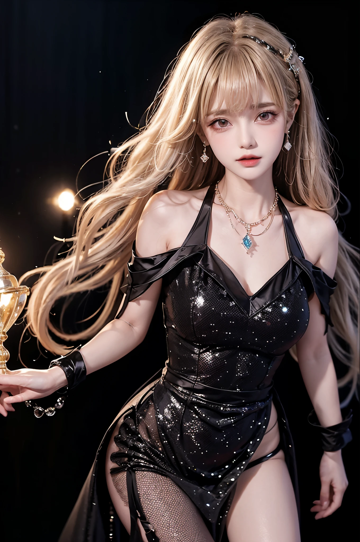 
Highest quality,,woman,1 person,cute,beautiful,
Blonde Hair,Long Hair,Brown eyes,BREAK,blunt bangs,wavy hair,BREAK,
Black cabaret dress,a black sequined dress,BREAK,
Diamond Necklace,
Background Chandelier,Background light bokeh,