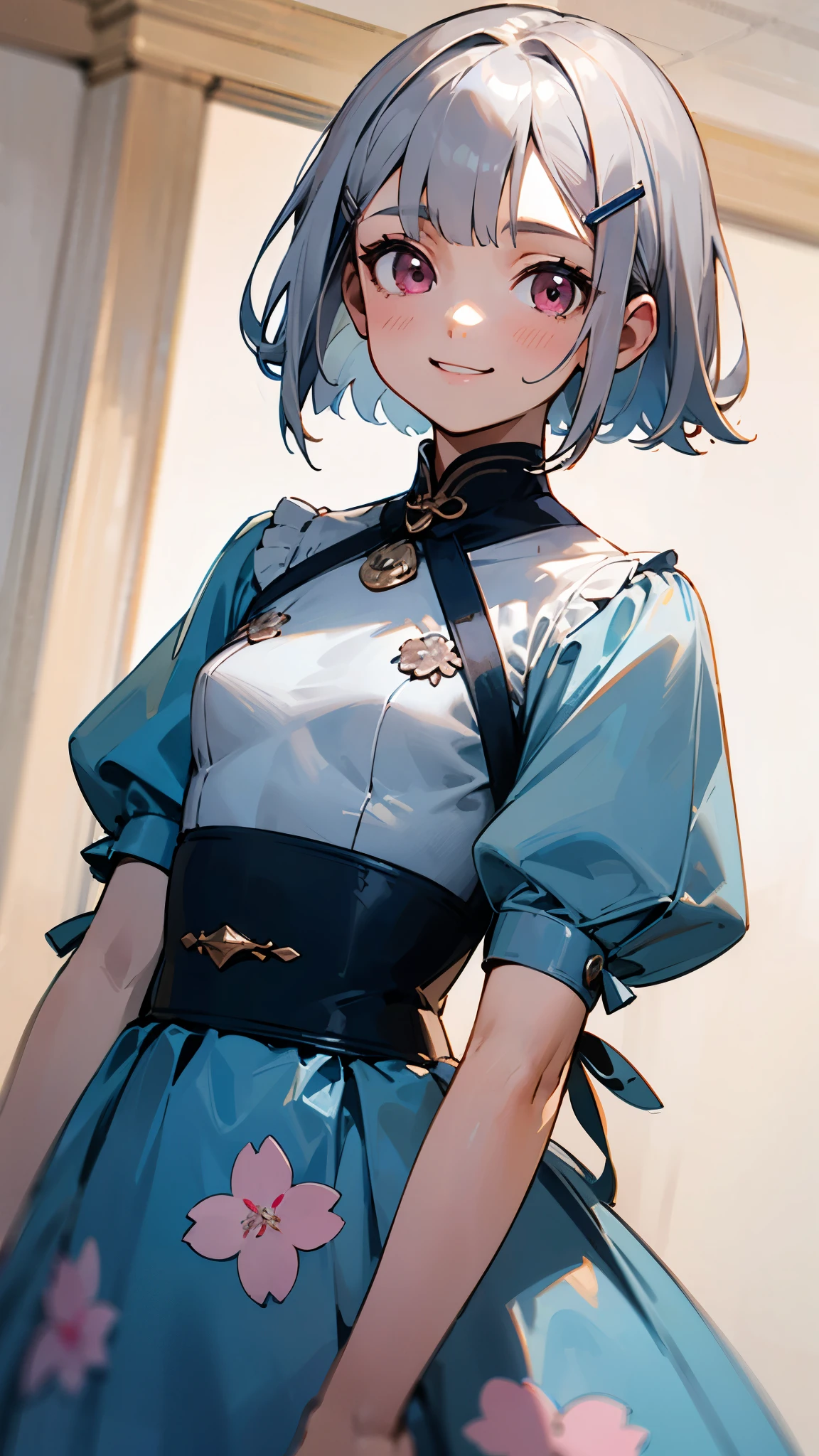 Highest quality、Teenage girl standing in a room、High resolution、Beautiful details、Quiet atmosphere、Small breasts、Short silver bob hair held together with a hair clip, Pink Eyes、Cute Smile、wearing a blue floral dress、Upper body close-up、