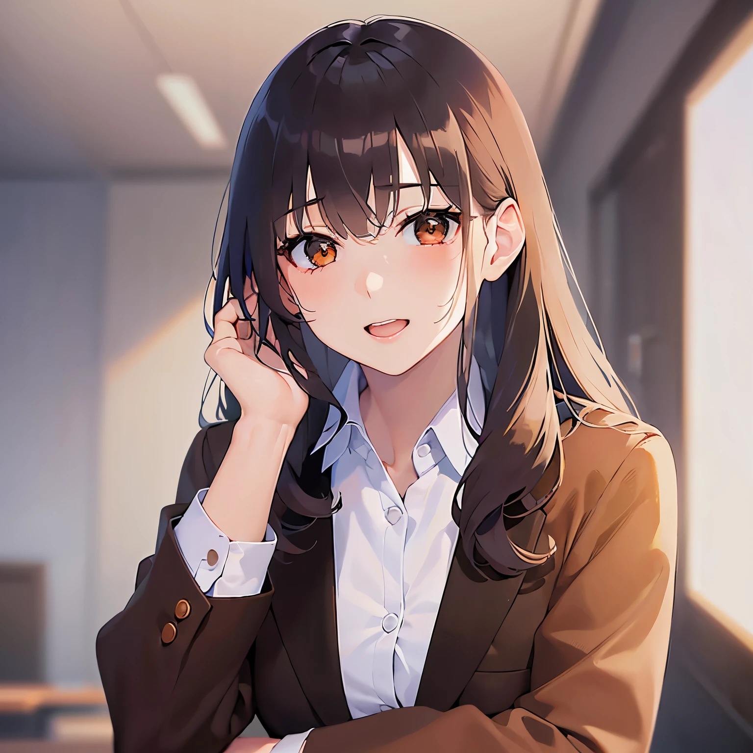(looking at viewer:1.5)Upper Body, head tilt,(Hands on ears:1.5)、
Realistic, real person, (pale skin: 1.2), RAW photo, photorealistic, shiny skin, shiny hair、(A 25-year-old woman with medium-length hair and bangs) and (wavy hair) and (brown hair) and (orange eyes) ,
(Wearing a business suit:1.5) and (Wearing a white collared shirt)、
blush,smile,open mouth,The background is the conference room、(alone:1.5)