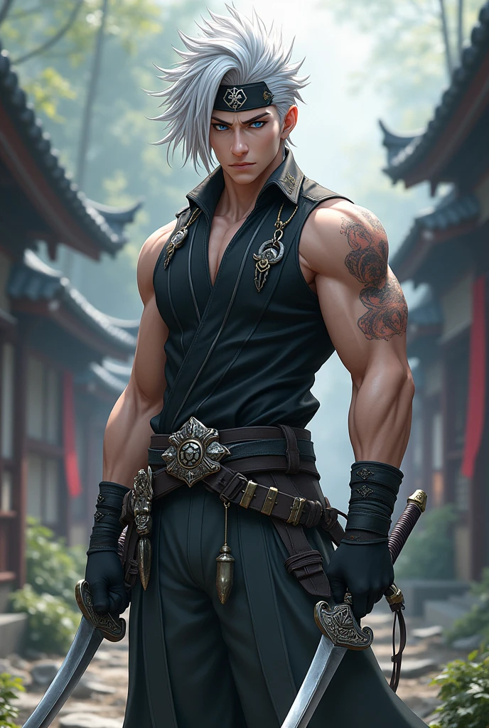 Height and Presence: The character is tall and muscular, with a commanding presence that exudes power and confidence.

body hair: She has short, silver hair with an edgy style., in a silvery-white tone similar to Tengen Uzui, but with a softer touch, fluid and stylized. Hair should look spiky and messy, with locks that fall in layers.

eyeballs: Your eyes are deep blue, with an intensity that reflects his combat experience. They have a slightly angular shape, accentuating his penetrating and determined gaze.

badass clothing:

    upper part: Wears a black sleeveless tank top, with silver details and a design that highlights its imposing physique. Include some decorative elements, such as hunter symbols or stylized patterns.
    Bottom: Wear loose, flowing pants, in a dark gray tone, with silver details. The pants should have an elegant and tailored style to facilitate agile movements in combat..
    Accessories: Add a sturdy combat belt with ornate detailing and a distinctive symbol that represents your lineage or combat style. Also include a stylish headband, similar to Tengen Uzui, but with an original and sophisticated design.

canons e Equipment:

    canons: He carries two curved swords, with silver blades and intricate details on the handle that reflect the demon hunter tradition.
    Equipment: Add some combat adornments or talismans hanging from your waist or belt., that may have special meanings or powers.

enviroment: The background can be a traditional Japanese scenery, like an ancient city or a forest, which complements the character&#39;s imposing presence.

Expression and posture: The character must have a confident and defiant expression, with a posture that demonstrates his readiness for battle. He must appear as someone who is not afraid to face any challenge..

Additional Detail: Include some style details that remind you of the theme of the